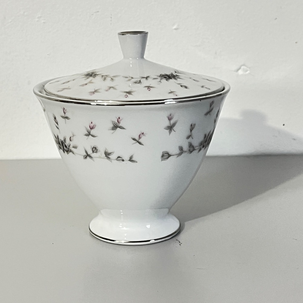 Queen Anne Nagoya Shokai Sugar Bowl Vintage White Pink Grey Floral Silver Trim